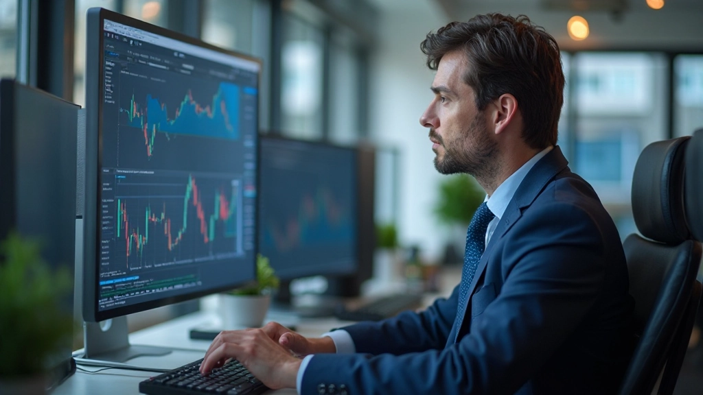 Professional financial consultant reviewing market analysis with modern trading dashboard in background