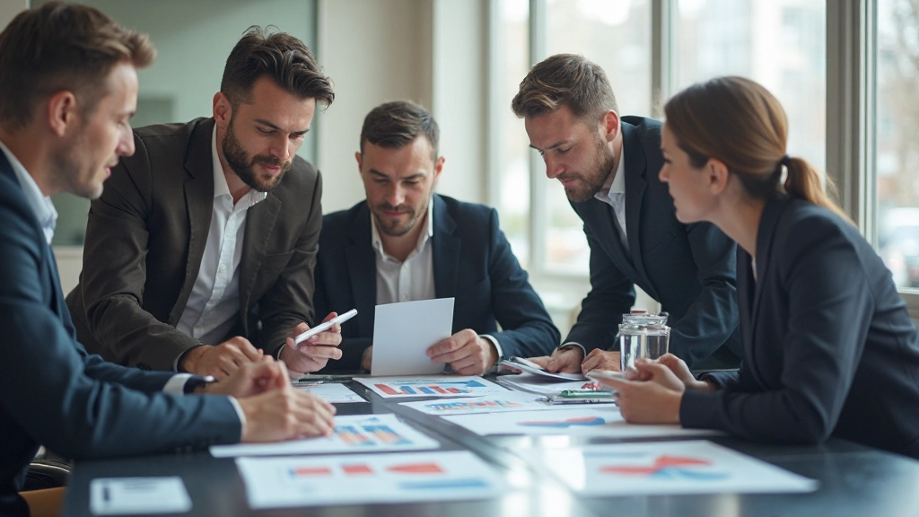 Team of financial professionals in collaborative meeting discussing client strategies