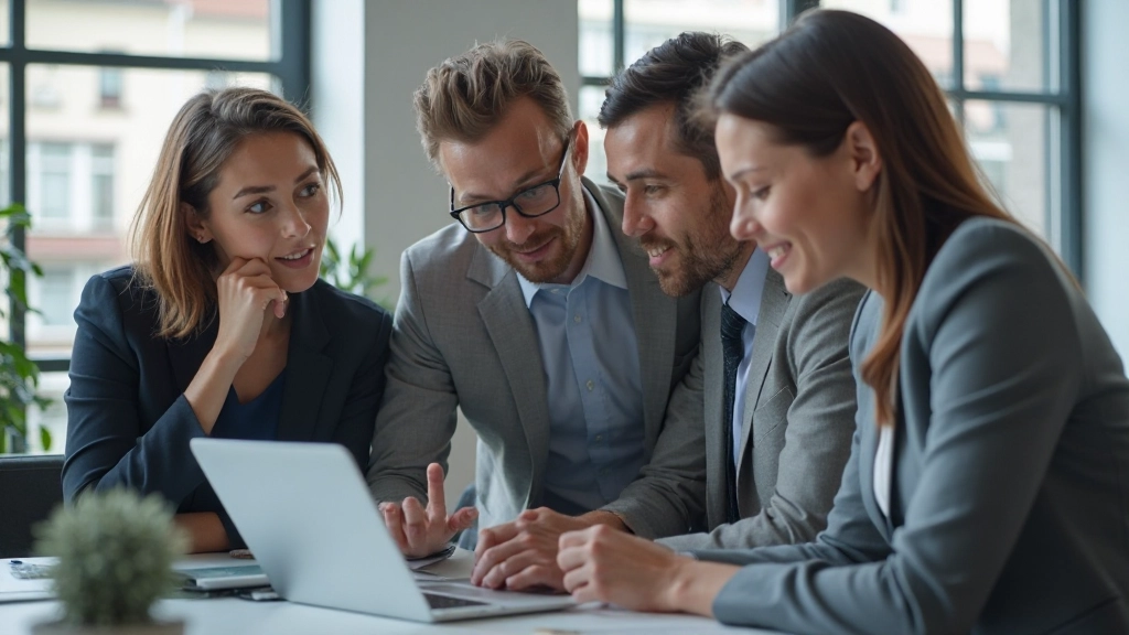 Team of financial professionals collaborating on market strategy with data visualizations and analytical tools on screen