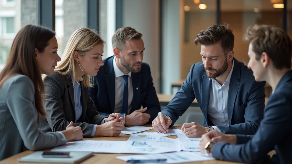 Team of financial professionals collaborating around table with portfolio performance reports and market analysis documents