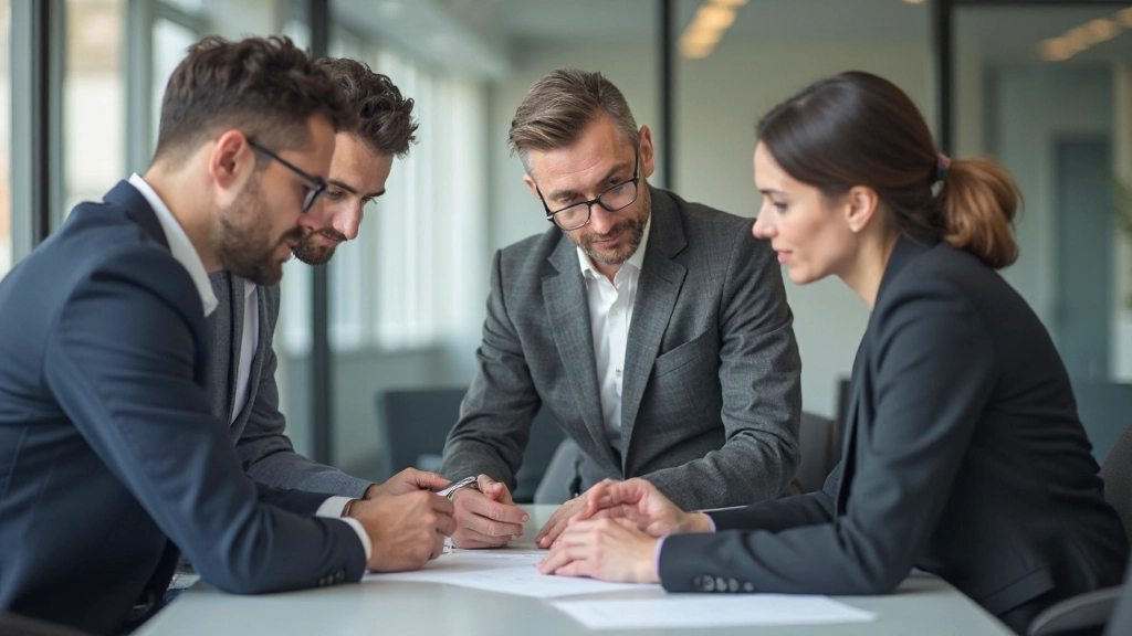 Diverse team of financial professionals collaborating and discussing investment decisions around conference table
