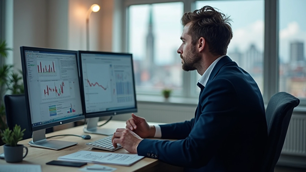Professional investment advisor analyzing portfolio data on multiple screens in modern financial office