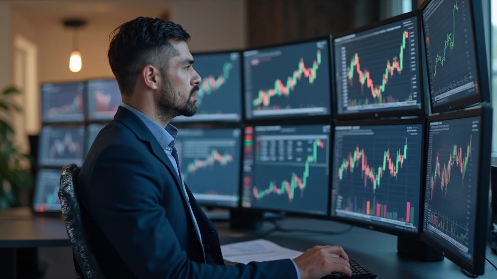Professional financial analyst reviewing risk assessment dashboard with charts and market data