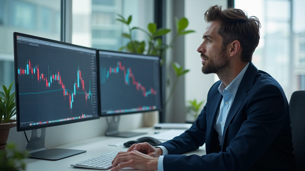 Professional financial analyst reviewing market charts on multiple displays in modern trading environment