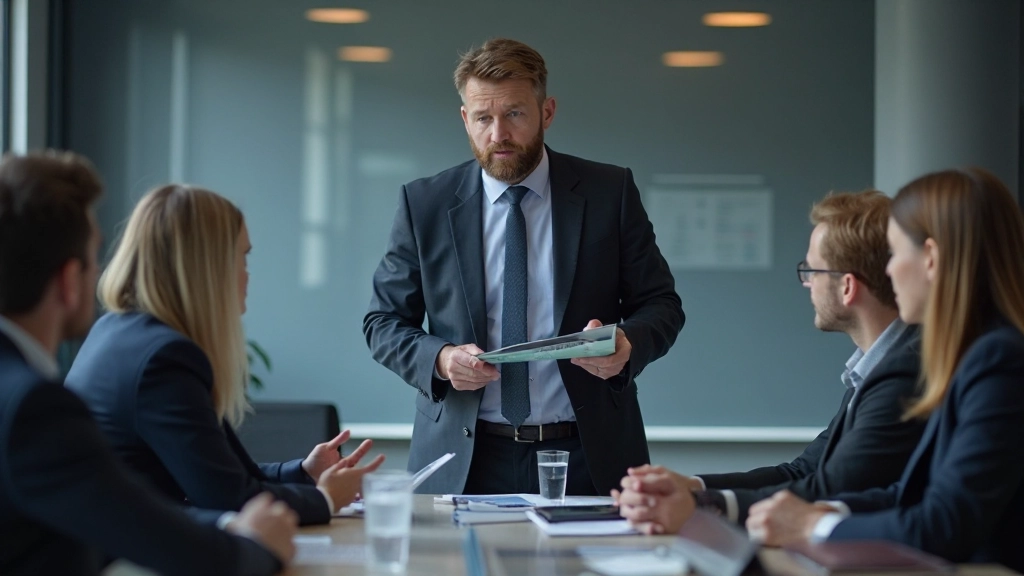 Financial professional presenting market analysis insights to colleagues during strategy meeting in conference room