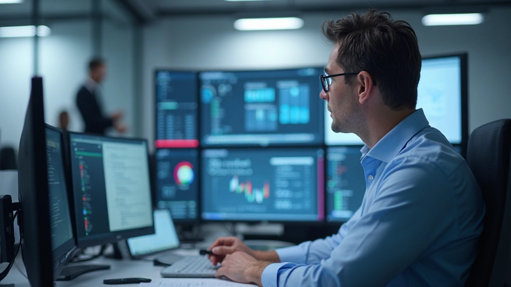 Digital display showing compliance dashboard with regulatory requirements and monitoring metrics