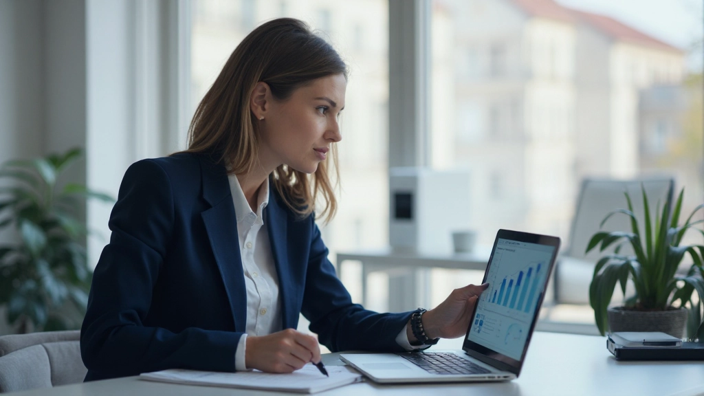 Professional financial analyst reviewing market charts and performance metrics on computer screen