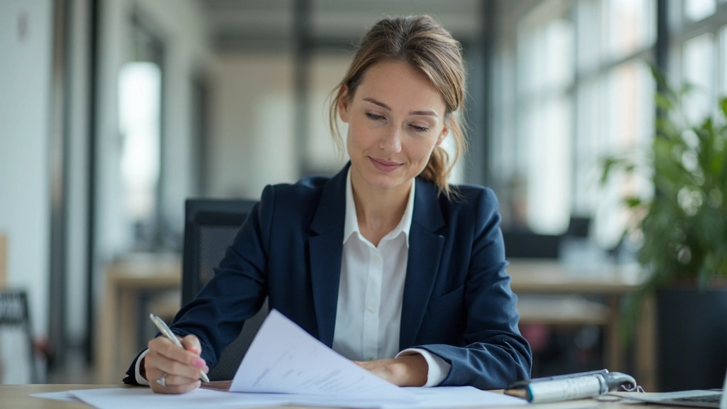 Professional compliance officer reviewing financial regulations and documentation in modern office environment